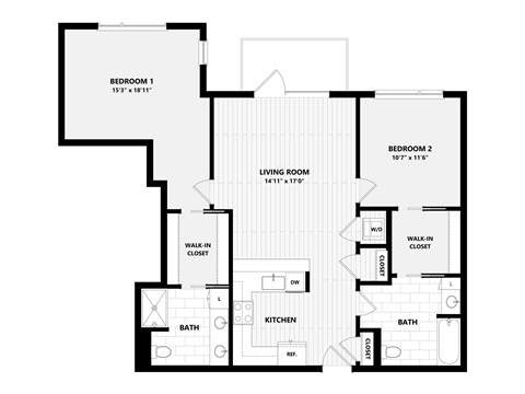A black and white image of a floor plan for a two bedroom apartment.